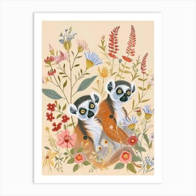 Folksy Floral Animal Drawing Lemur Art Print