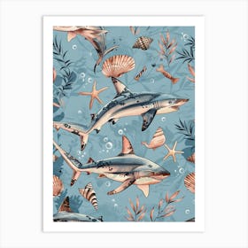 Pastel Blue Mako Shark Watercolour Seascape Pattern 1 Art Print