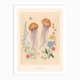 Folksy Floral Animal Drawing Jellyfish Poster Art Print