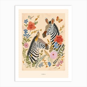 Folksy Floral Animal Drawing Zebra 3 Poster Art Print