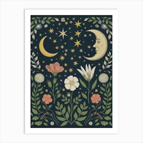 Moon And Flowers Art Print