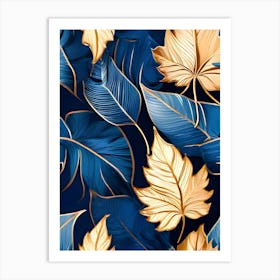 Gold Leaves On Blue Background Art Print