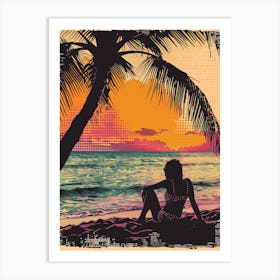 Retro Girl Sitting On The Beach Art Print