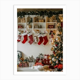 Holiday Shelf Laden With Festive Christmas Decor Includes Crystal Baubles Catching Soft Glow Piec Art Print