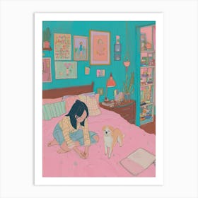 Girl Sleeping With Dogs Tv Lo Fi Kawaii Illustration 1 Art Print