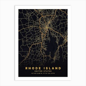 Rhode Island Usa Black And Gold Map Art Print