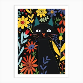 Black Cat In Flowers 4 Art Print