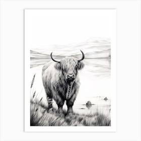 Black & White Illustration Of Highland Cow With The Lake Art Print