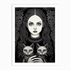 Wednesday Addams And A Cat Line Art Noveau 3 Fan Art Art Print