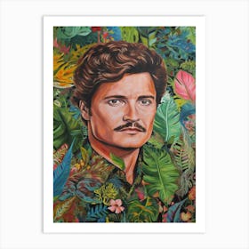 Floral Handpainted Portrait Of Pedro Pascal 2 Art Print