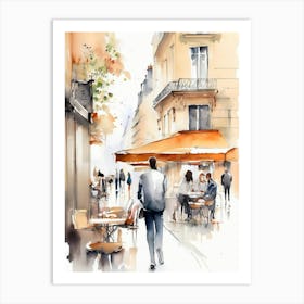 Paris city, passersby, cafes, apricot atmosphere, watercolors.10 Art Print