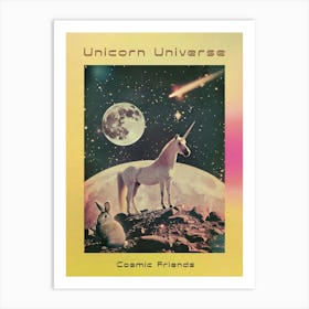 Unicorn In Space With A Bunny Retro Collage Poster Art Print