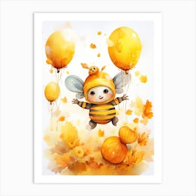 Bee Flying With Autumn Fall Pumpkins And Balloons Watercolour Nursery 3 Art Print