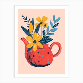 Red Teapot With Flowers Art Print