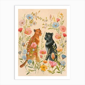 Folksy Floral Animal Drawing Panther 3 Art Print