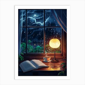 Lofi Anime Art: Cozy rainy night window with an open book, warm lamp glow, and steaming tea. Perfect for tranquil and introspective vibes. Art Print