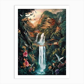 Japanese Temple in Mountain Waterfall Forest Art Painting #1 Art Print