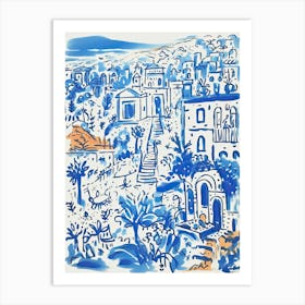 Italy, Amalfi Coast Cute Illustration In Blue 3 Art Print
