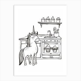 Unicorn Making Cupcakes Black & White Illustration Art Print