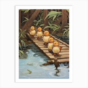 Ducklings On The Wooden Bridge Japanese Woodblock Style 1 Art Print
