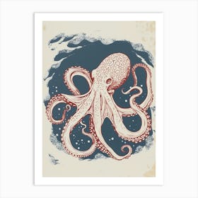 Red & Blue Octopus Retro Linocut Inspired 6 Art Print