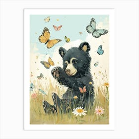 American Black Bear Cub Playing With Butterflies Storybook Illustration 1 Art Print