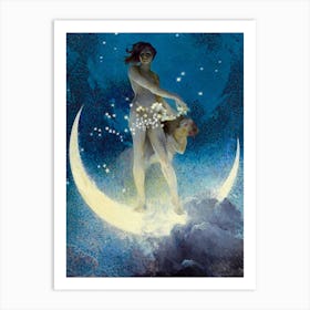 Spring Scattering Stars by Edwin Blashfield - Vintage Victorian Art Deco Remastered Oil on Canvas 1927 Pagan Mythological Magical Fairytale Witchy Blue Crescent Moon Art Print