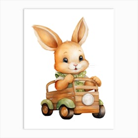 Rabbit Bunny On A Toy Car, Watercolour Nursery 1 Art Print