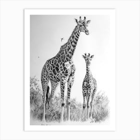 Giraffe & Calf Pencil Portrait  3 Art Print
