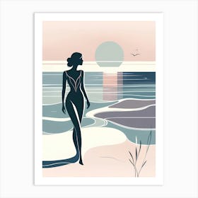 Silhouette Of A Woman On The Beach Art Print