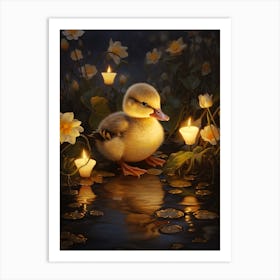Duckling At Night With Fireflies 3 Art Print