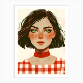 Pretty Woman Girl with Freckles, Green Eyes, Short Brown Hair, Choker, Gingham Dress Art Print