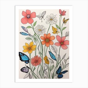 Beautiful Flowers And Butterflies Art Print