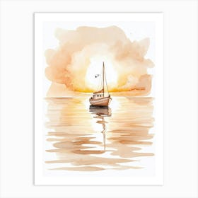 Watercolor Boat At Sunset Art Print