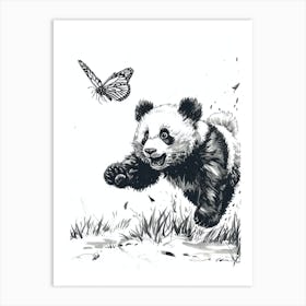 Giant Panda Cub Chasing After A Butterfly Ink Illustration 3 Art Print