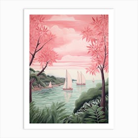 An Illustration In Pink Tones Of  Of Sailboats And Fern Vines 3 Art Print