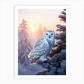 Snowy Owl Perches Tranquil Atop A Frosted Pine Serene Winter Sunrise Backlighting Rays Sifting Sof Art Print