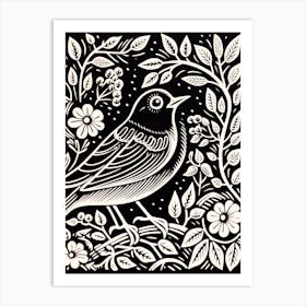 B&W Bird Linocut Robin 3 Art Print