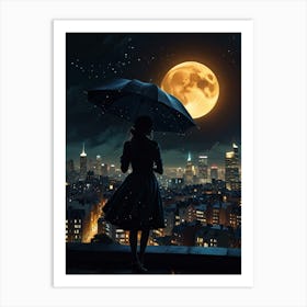 Girl Holding Umbrella At Night In City Art Print