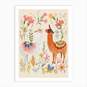 Folksy Floral Animal Drawing Llama 2 Art Print
