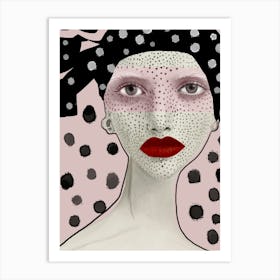 JE SUIS DOT - Fashion Illustration Portrait of Woman with Polka Dots and Red Lips on Pastel Pink by "Colt x Wilde"  Art Print