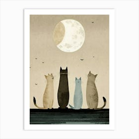 Four Cats Watching The Moon Art Print