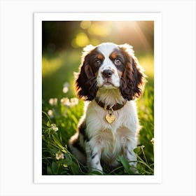 English Spaniel Puppy Radiating Adorableness Wearing A Shimmering Gold Collar Perched On A Lush G (1) Poster