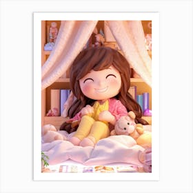 Chibi Girl With A Beaming Smile Snuggled In A Bed Adorned With Plush Toys Pastel Colored Quilt Cas Art Print