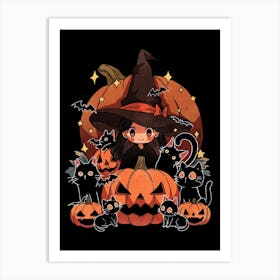 Halloween Witch With Cats Art Print