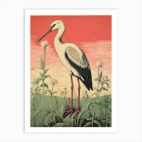 Vintage Bird Linocut Stork 3 Art Print