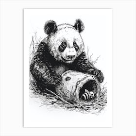 Giant Panda Cub Playing With A Beehive Ink Illustration 3 Art Print