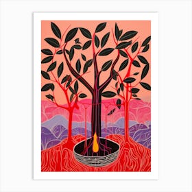 Pink And Red Plant Illustration Rubber Tree 2 Art Print