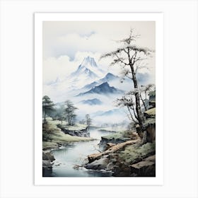 The Japanese Alps In Multiple Prefectures, Japanese Brush Painting, Sumi E, Minimal 1 Art Print