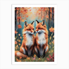 Foxes in Love in Autumn Art Print